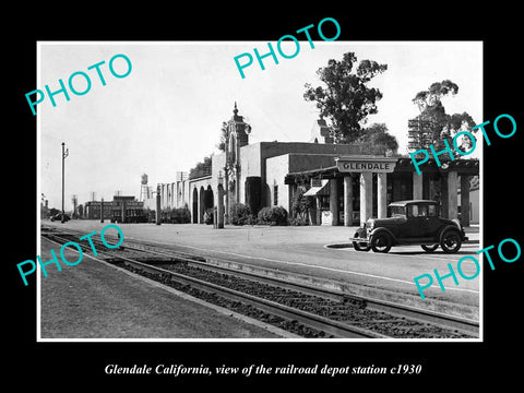 OLD LARGE HISTORIC PHOTO OF GLENDALE CALIFORNIA, THE RAILROAD DEPOT STATION 1930