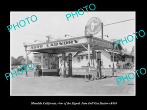 OLD LARGE HISTORIC PHOTO OF GLENDALE CALIFORNIA, PURR PULL OIL GAS STATION c1930