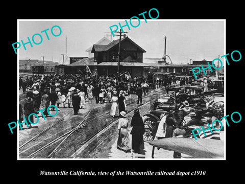 OLD LARGE HISTORIC PHOTO OF WATSONVILLE CALIFORNIA, THE RAILROAD DEPOT c1910