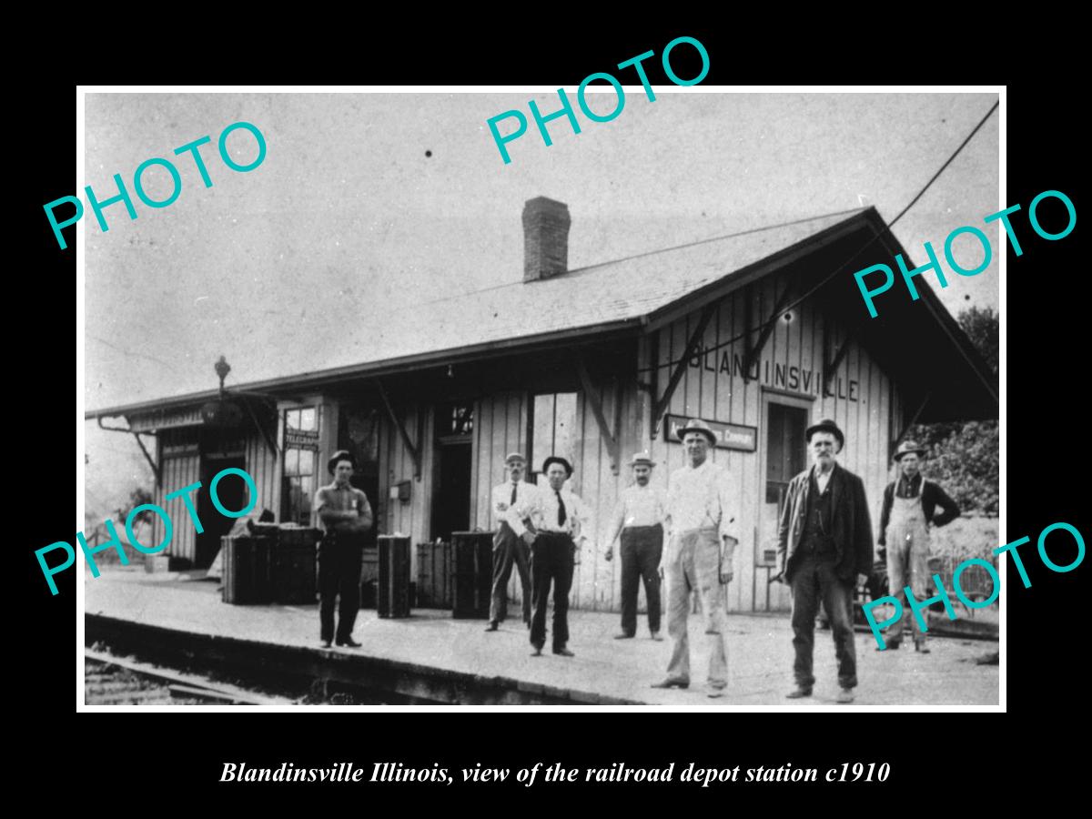 OLD LARGE HISTORIC PHOTO OF BLANDINSVILLE ILLINOIS, RAILROAD DEPOT STATION c1910