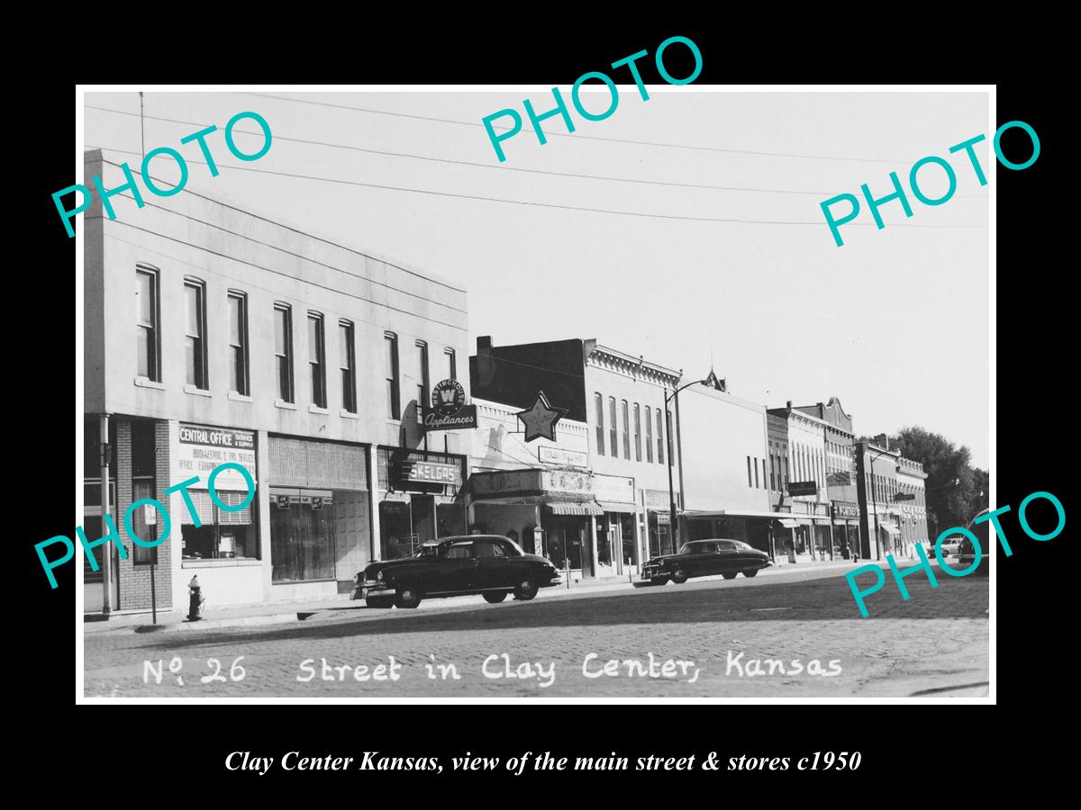 OLD LARGE HISTORIC PHOTO OF CLAY CENTER KANSAS, THE MAIN STREET & STORES c1950