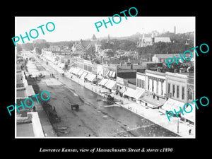 OLD HISTORIC PHOTO OF LAWRENCE KANSAS, VIEW OF MASSACHUSETTS St & STORES c1910