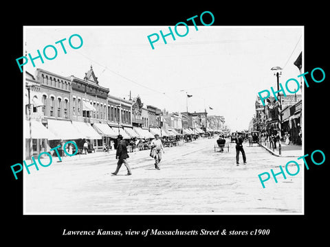 OLD HISTORIC PHOTO OF LAWRENCE KANSAS, VIEW OF MASSACHUSETTS St & STORES c1900