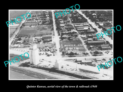 OLD LARGE HISTORIC PHOTO OF QUINTER KANSAS, AERIAL VIEW OF THE TOWN & RAIL c1940