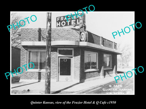 OLD LARGE HISTORIC PHOTO OF QUINTER KANSAS, THE FRAZIER HOTEL & Q CAFE c1950