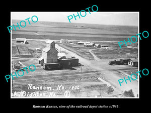 OLD LARGE HISTORIC PHOTO OF RANSOM KANSAS, VIEW OF THE RAILROAD DEPOT c1936