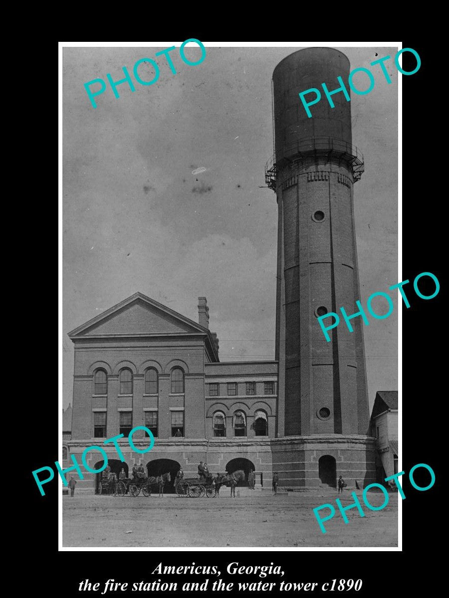 OLD LARGE HISTORIC PHOTO AMERICUS GEORGIA, THE FIRE STATION & WATER TOWER c1890