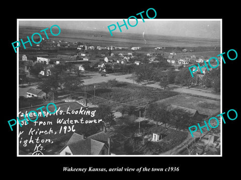 OLD LARGE HISTORIC PHOTO OF WAKEENEY KANSAS, AERIAL VIEW OF THE TOWN c1936