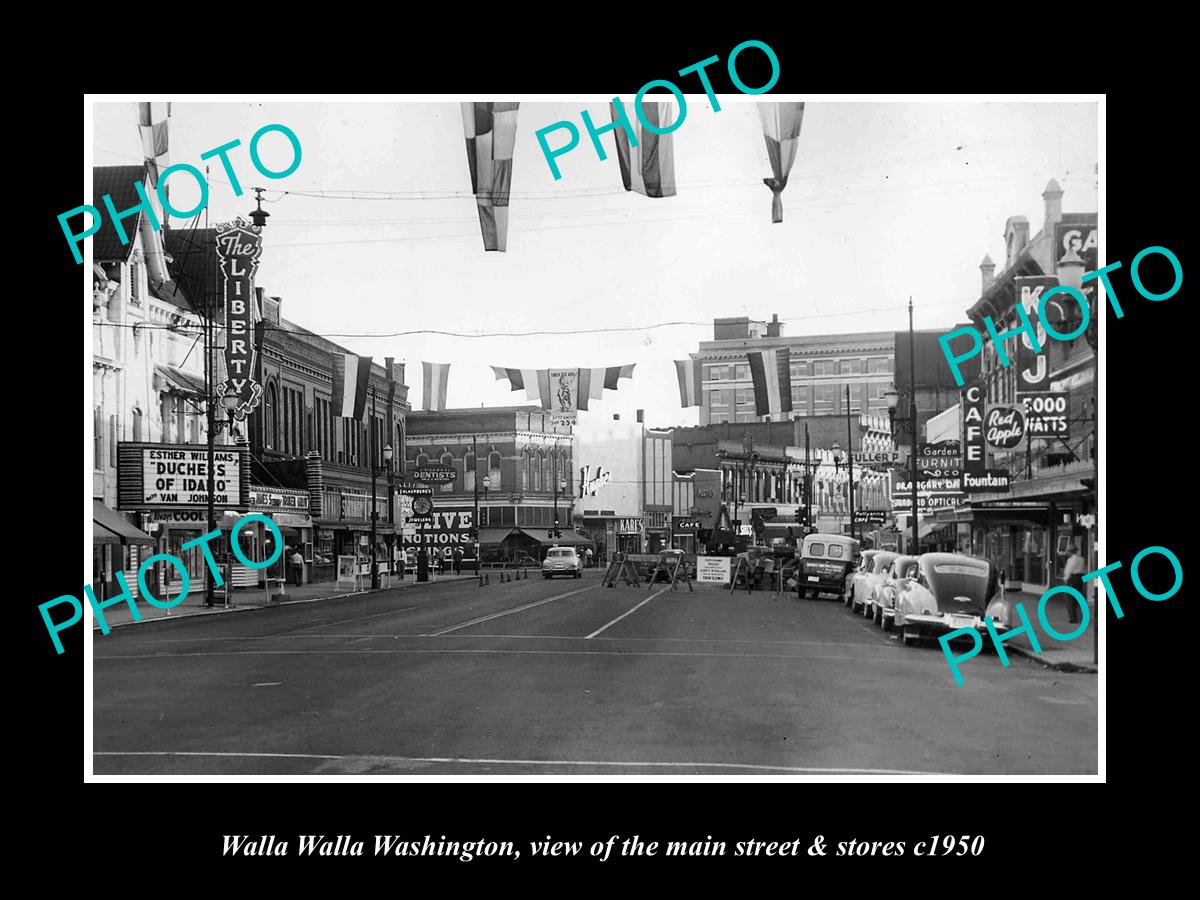 OLD LARGE HISTORIC PHOTO OF WALLA WALLA WASHINGTON, THE MAIN St & STORES c1950