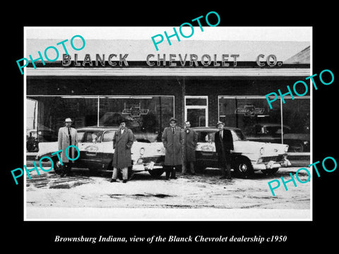 OLD LARGE HISTORIC PHOTO OF BROWNSBURG INDIANA, THE BLANCK CHEVROLET CAR Co 1950