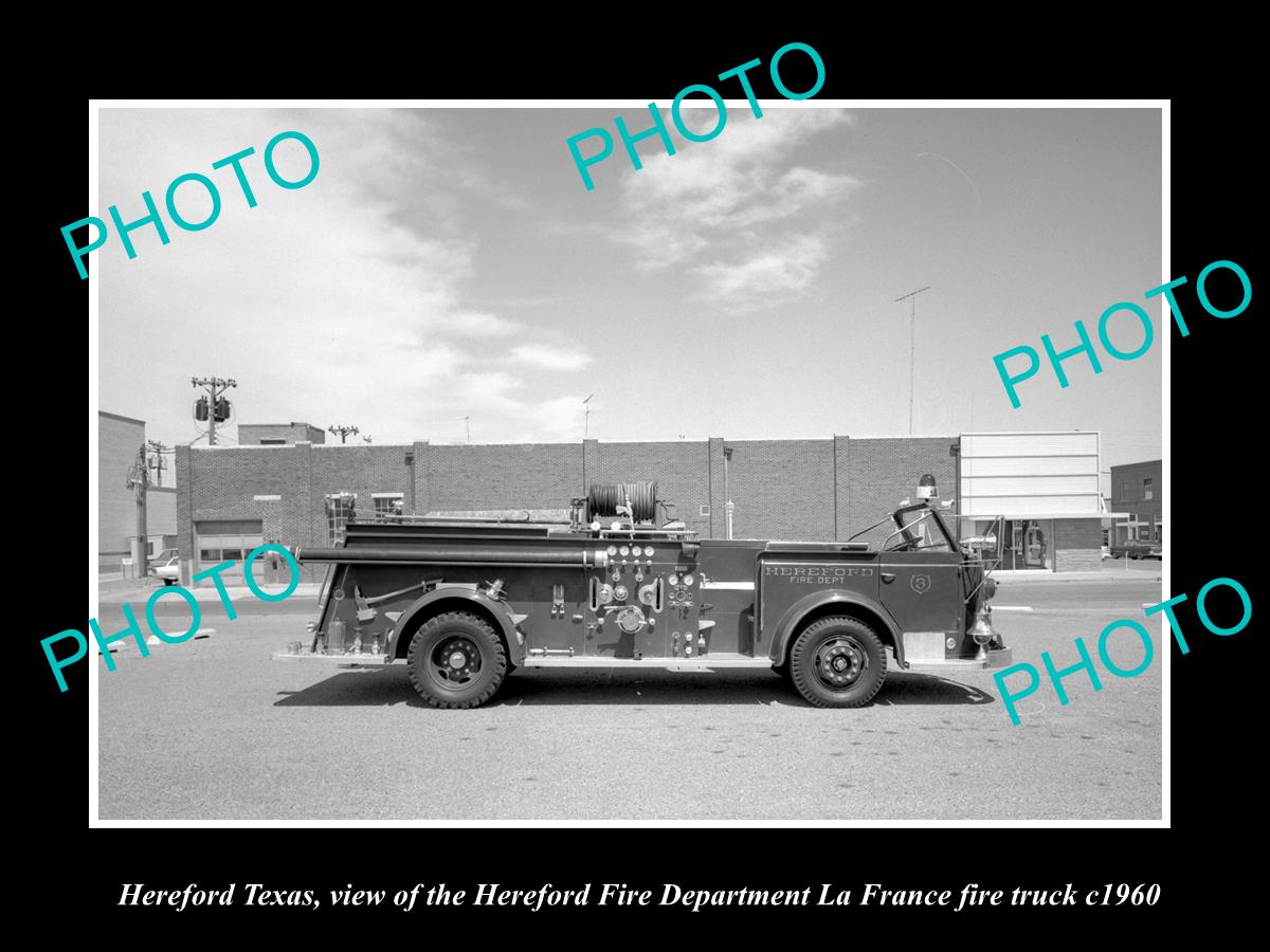 OLD LARGE HISTORIC PHOTO OF HEREFORD TEXAS, THE TOWN LAFRANCE FIRE TRUCK c1960