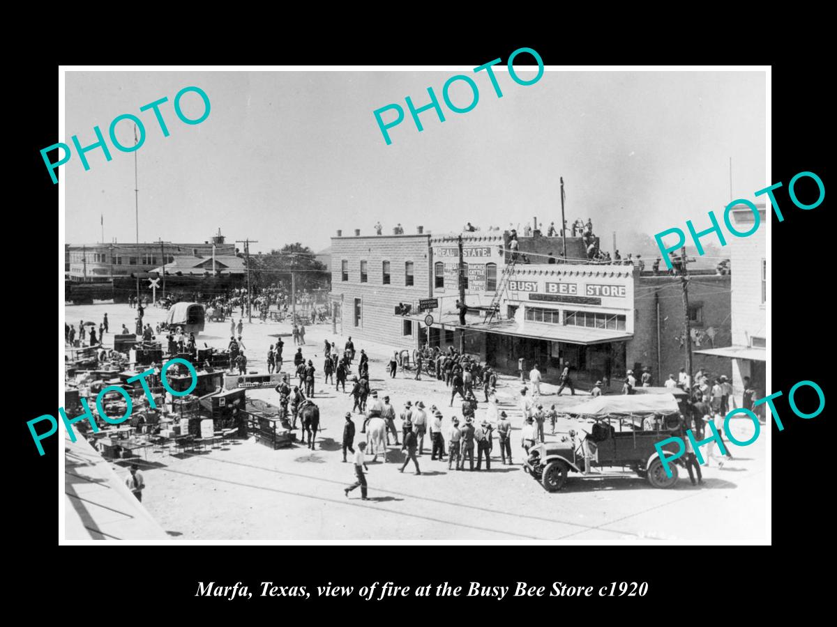 OLD LARGE HISTORIC PHOTO OF MARFA TEXAS, THE FIRE AT THE BUSY BEE STORE c1920