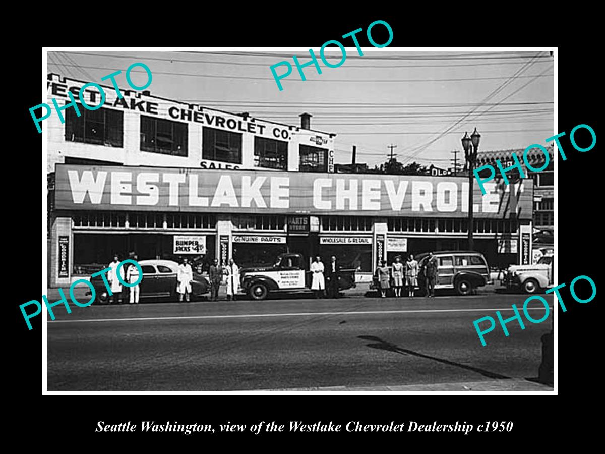 OLD LARGE HISTORIC PHOTO OF SEATTLE WASHINGTON, WESTLAKE CHEVROLET STORE c1950