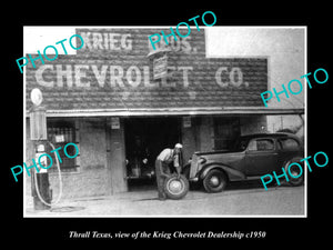 OLD LARGE HISTORIC PHOTO OF THRALL TEXAS, THE KRIEG CHEVROLET GARAGE c1950