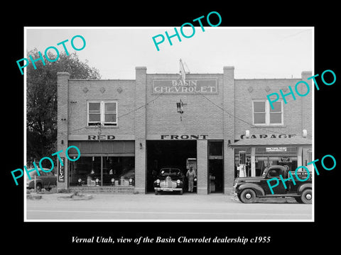 OLD LARGE HISTORIC PHOTO OF VERNAL UTAH, THE BASIN CHEVROLET MOTOR GARAGE c1955