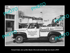 OLD LARGE HISTORIC PHOTO OF VERNAL UTAH, THE BASIN CHEVROLET Co TOW TRUCK c1955