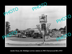 OLD LARGE HISTORIC PHOTO OF AUSTIN TEXAS, VIEW OF THE MOBIL OIL GAS STATION 1955