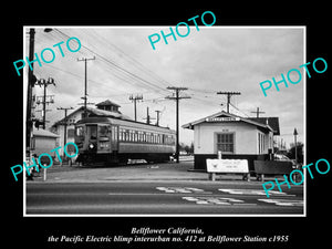 OLD HISTORIC PHOTO OF BELLFLOWER CALIFORNIA, PACIFIC ELECTRIC RAILWAY DEPOT 1955