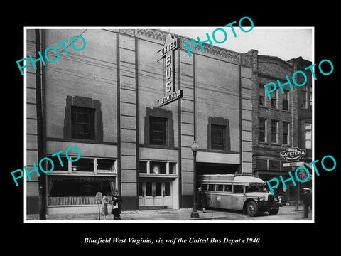 OLD LARGE HISTORIC PHOTO OF BLUEFIELD WEST VIRGINIA, THE UNITED BUS DEPOT c1940