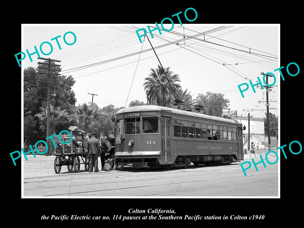 OLD HISTORIC PHOTO OF COLTON CALIFORNIA, PACIFIC ELECTRIC RAILROAD DEPOT c1940