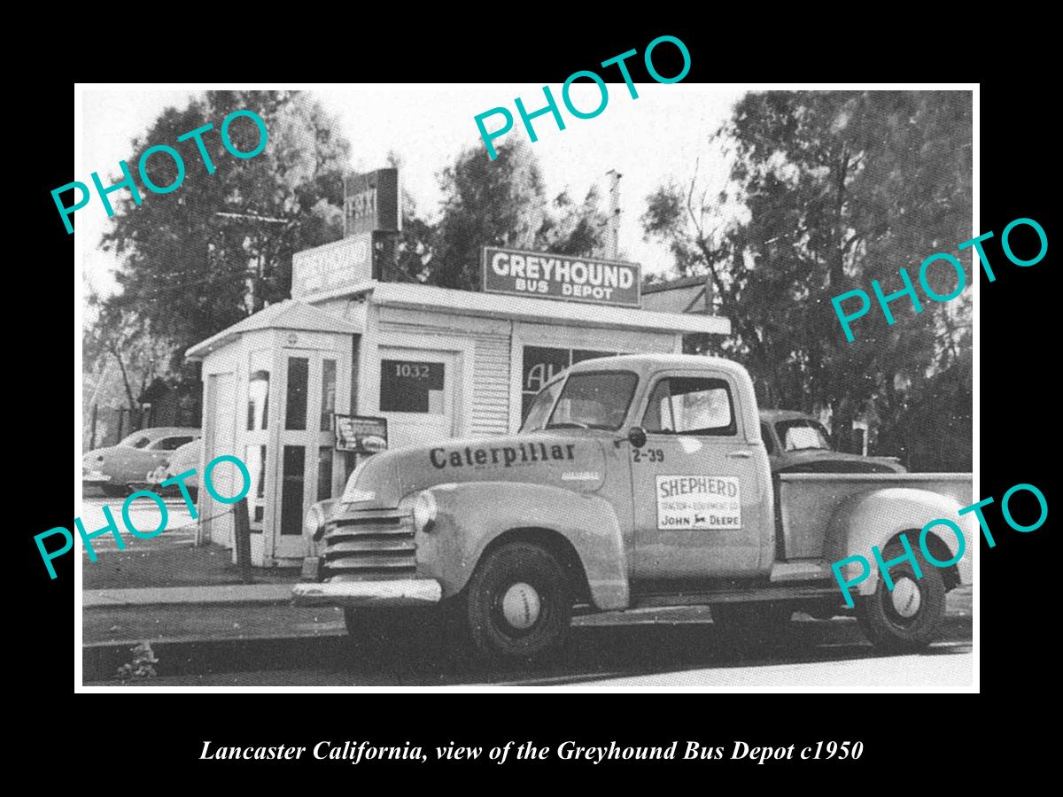 OLD LARGE HISTORIC PHOTO OF LANCASTER CALIFORNIA, THE GREYHOUND BUS DEPOT c1950