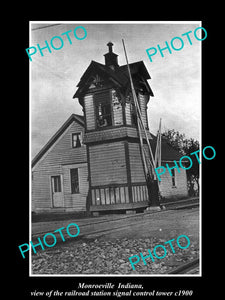 OLD LARGE HISTORIC PHOTO OF MONROEVILLE INDIANA, THE RAILROAD SIGNAL TOWER c1900