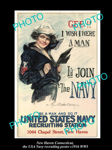 OLD LARGE HISTORIC PHOTO OF NEW HAVEN CONNECTICUT US NAVY RECRUITING POSTER 1916