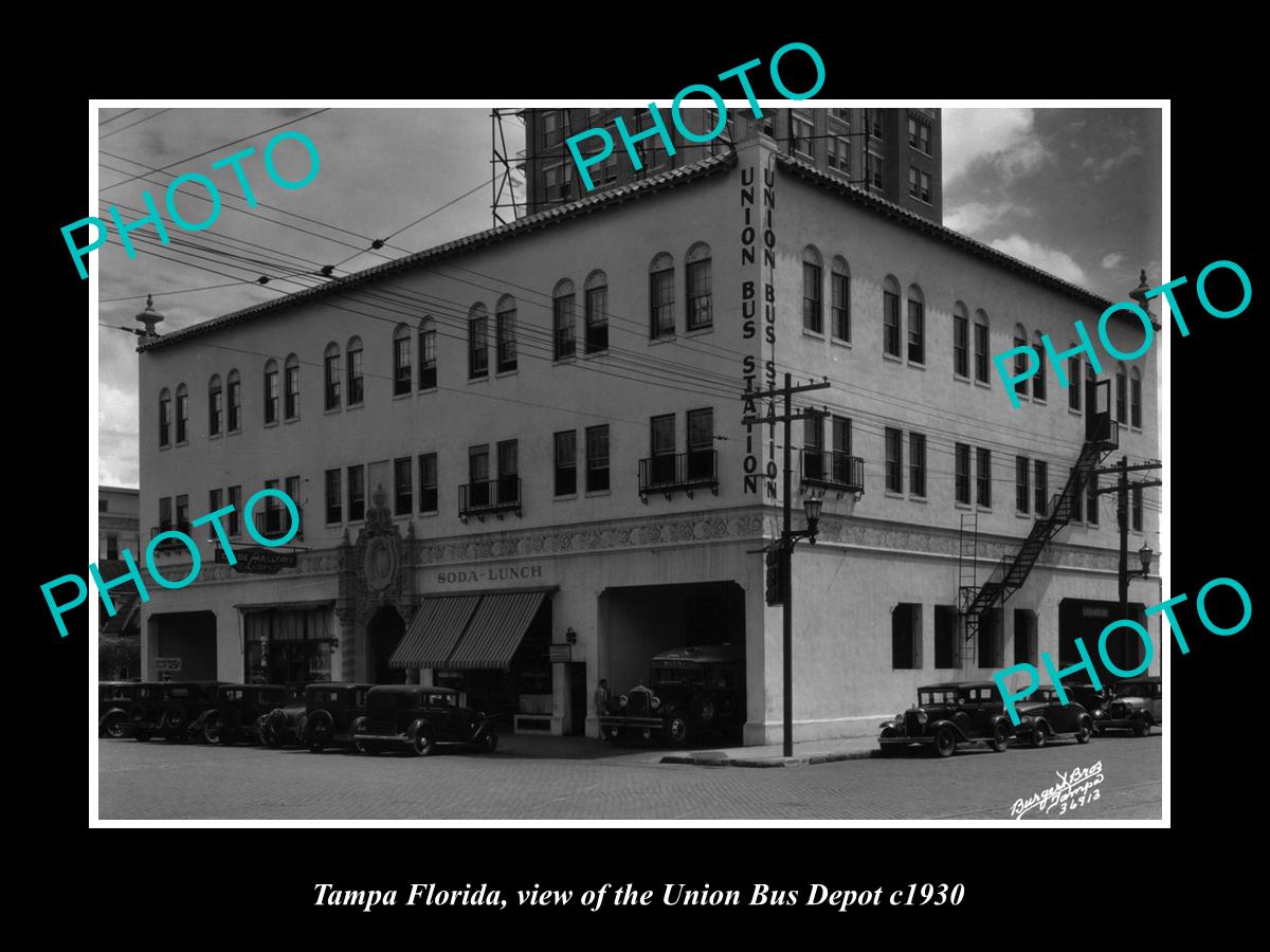 OLD LARGE HISTORIC PHOTO OF TAMPA FLORIDA, VIEW OF THE UNION BUS DEPOT c1930