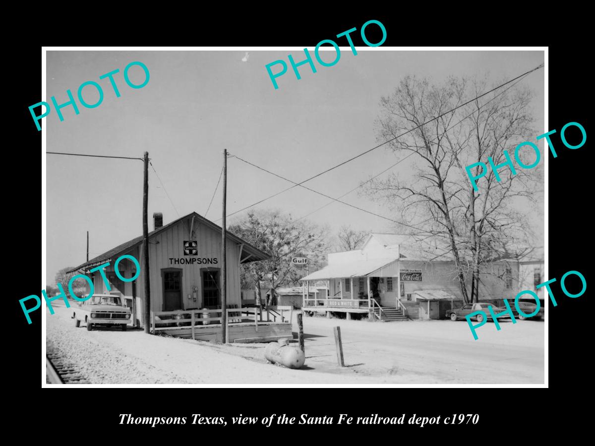 OLD LARGE HISTORIC PHOTO OF THOMPSONS TEXAS, THE SANTA FE RAILROAD DEPOT c1970