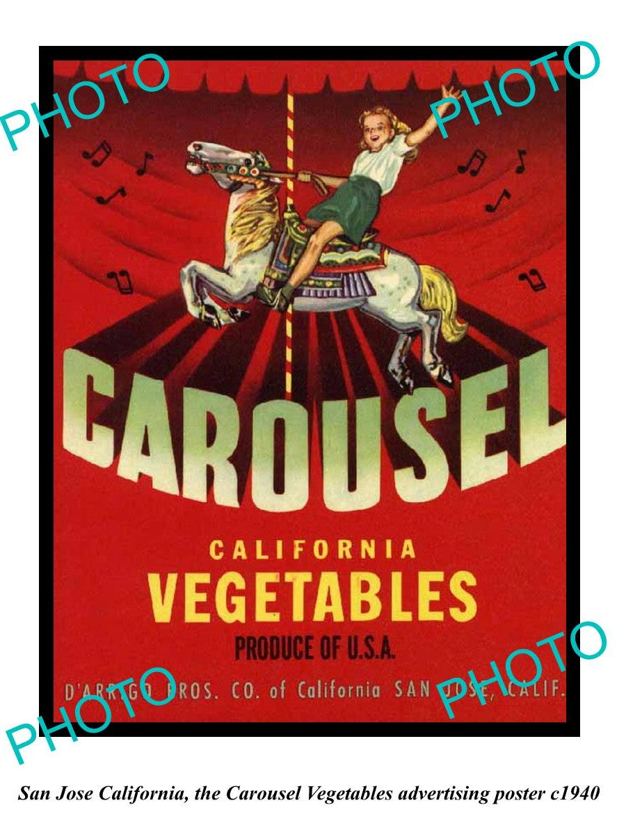 OLD LARGE HISTORIC PHOTO OF SAN JOSE CALIFORNIA, CAROUSEL VEG AD POSTER c1940