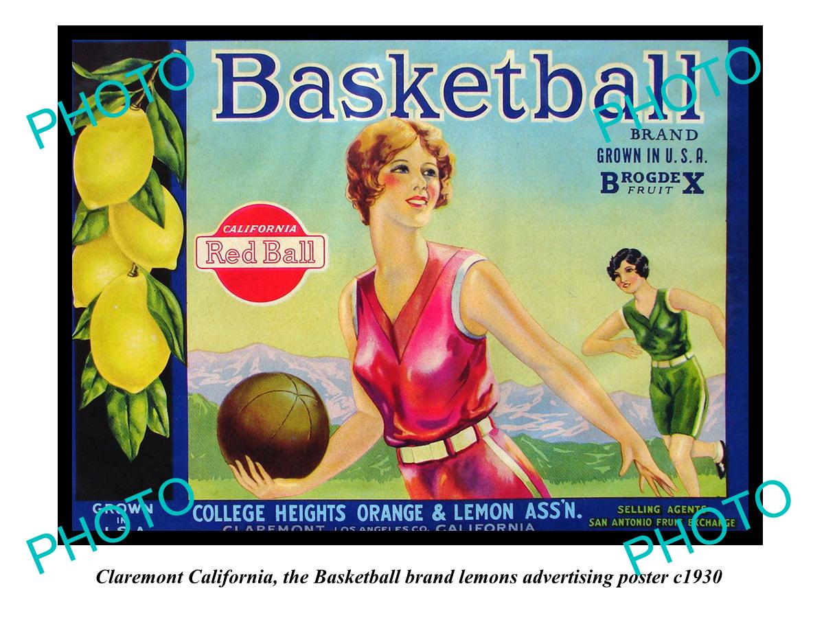 OLD LARGE HISTORIC PHOTO OF CLAREMONT CALIFORNIA, BASKETBALL LEMONS POSTER c1930