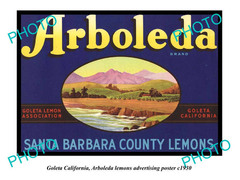 OLD LARGE HISTORIC PHOTO OF GOLETA CALIFORNIA, ARBOLEDA LEMONS AD POSTER c1930