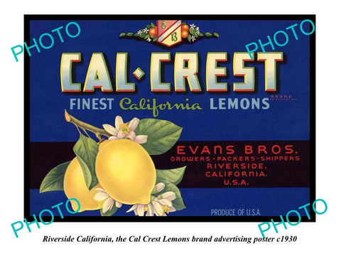 OLD LARGE HISTORIC PHOTO OF RIVERSIDE CALIFORNIA, CAL CREST LEMONS POSTER c1930