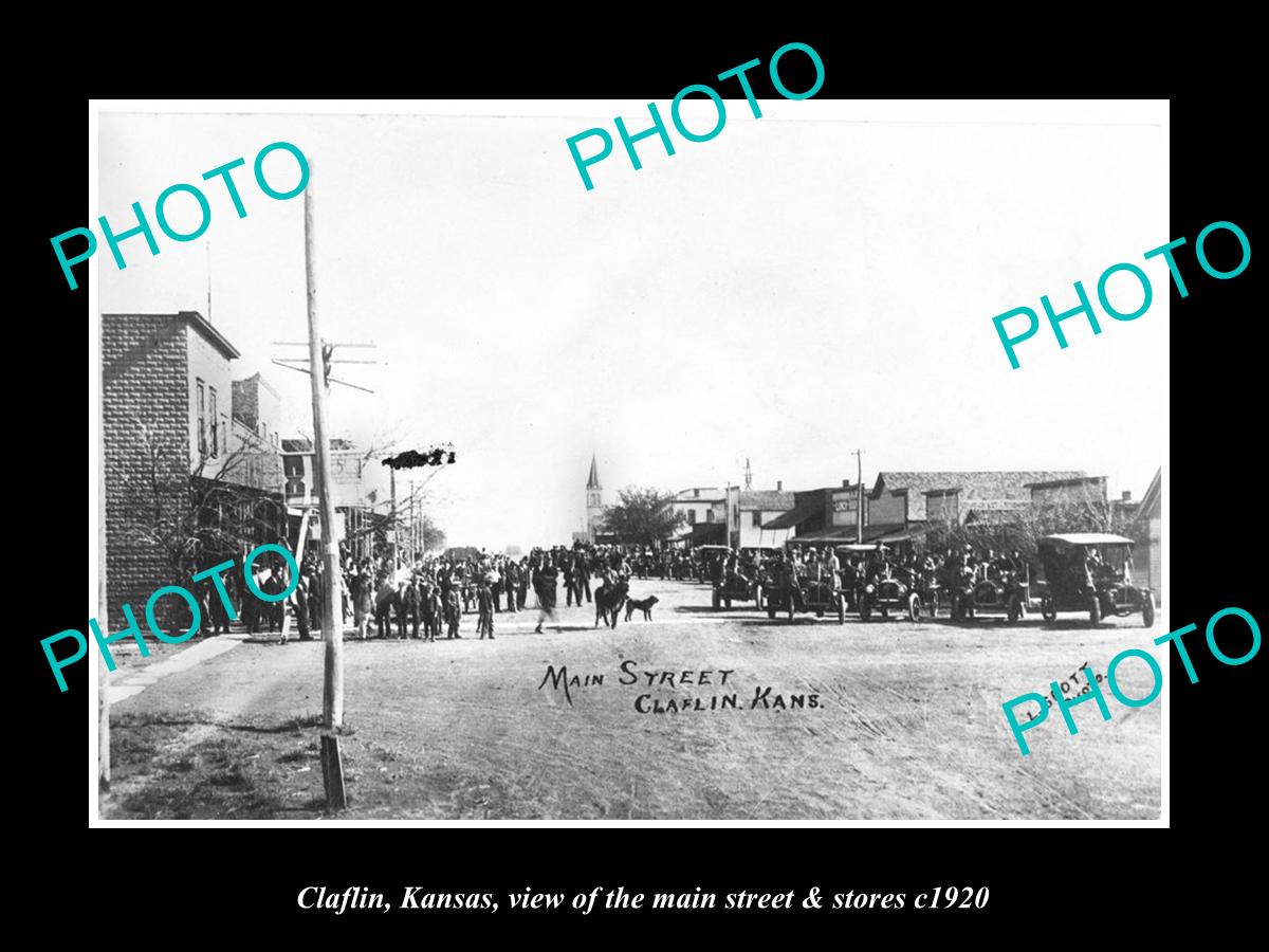 OLD LARGE HISTORIC PHOTO OF CLAFLIN KANSAS, THE MAIN STREET & STORES c1920