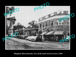 OLD LARGE HISTORIC PHOTO OF HINGHAM MASSACHUSETTS THE MAIN STREET & STORES c1940