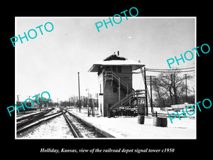 OLD LARGE HISTORIC PHOTO OF HOLLIDAY KANSAS, THE RAILROAD DEPOT TOWER c1950