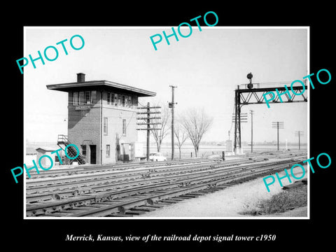 OLD LARGE HISTORIC PHOTO OF MERRICK KANSAS, THE RAILROAD DEPOT TOWER c1950