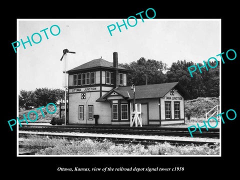 OLD LARGE HISTORIC PHOTO OF OTTAWA KANSAS, THE RAILROAD Junct DEPOT TOWER c1950