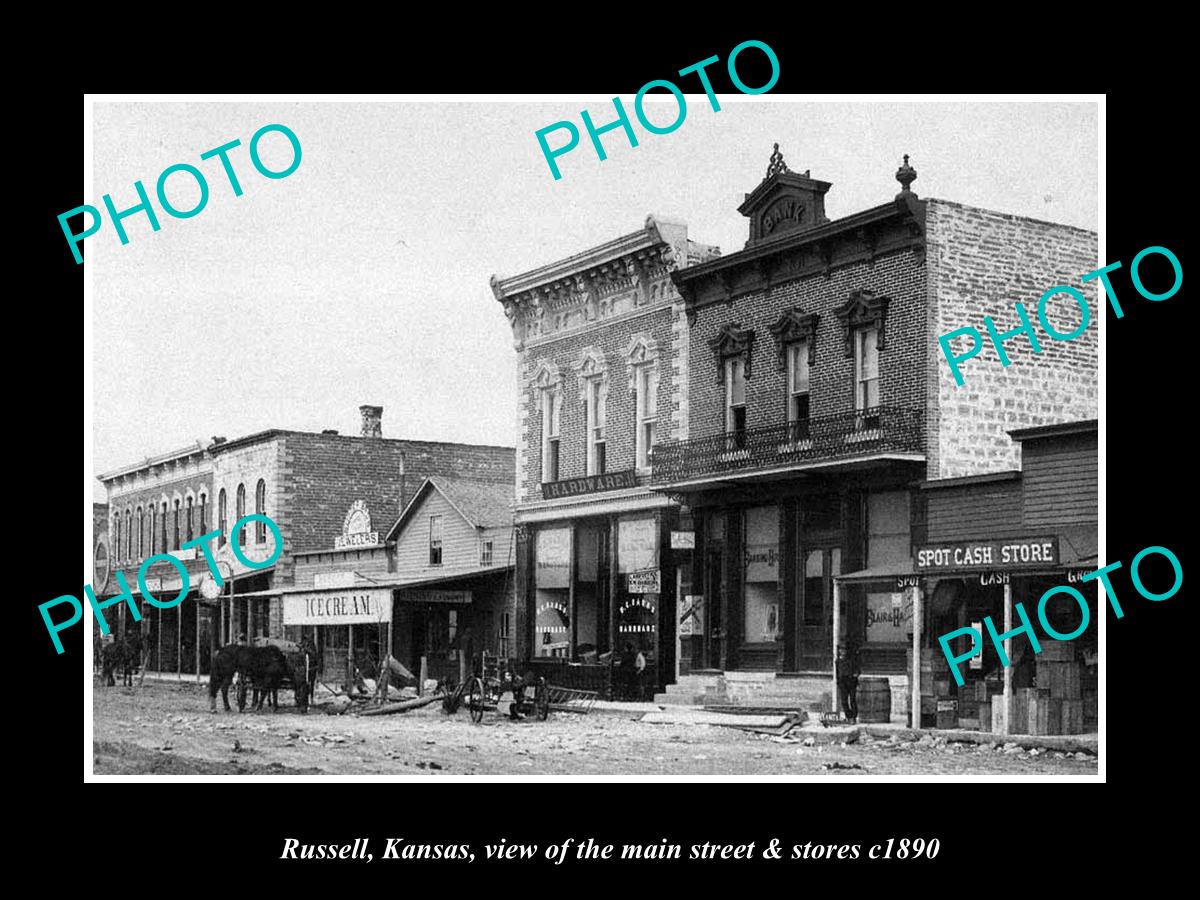 OLD LARGE HISTORIC PHOTO OF RUSSELL KANSAS, THE MAIN STREET & STORES c1890