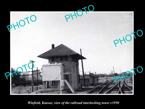 OLD LARGE HISTORIC PHOTO OF WINFIELD KANSAS, RAILROAD DEPOT SIGNAL TOWER c1950