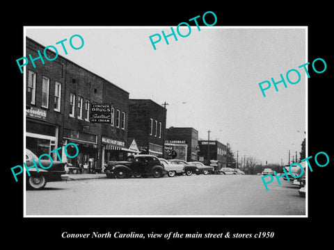 OLD LARGE HISTORIC PHOTO OF CONOVER NORTH CAROLINA, THE MAIN St & STORES c1950