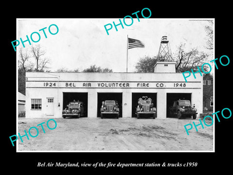 OLD LARGE HISTORIC PHOTO OF BEL AIR MARYLAND, THE FIRE DEPARTMENT STATION c1950