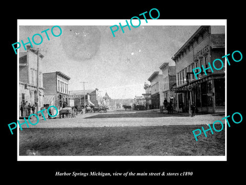 OLD LARGE HISTORIC PHOTO OF HARBOR SPRINGS MICHIGAN, THE MAIN St & STORES c1890