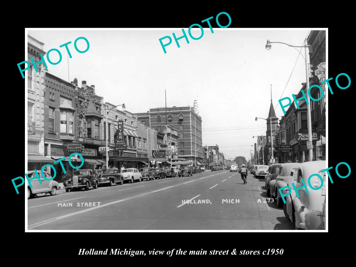 OLD LARGE HISTORIC PHOTO OF HOLLAND MICHIGAN, THE MAIN STREET & STORES c1950