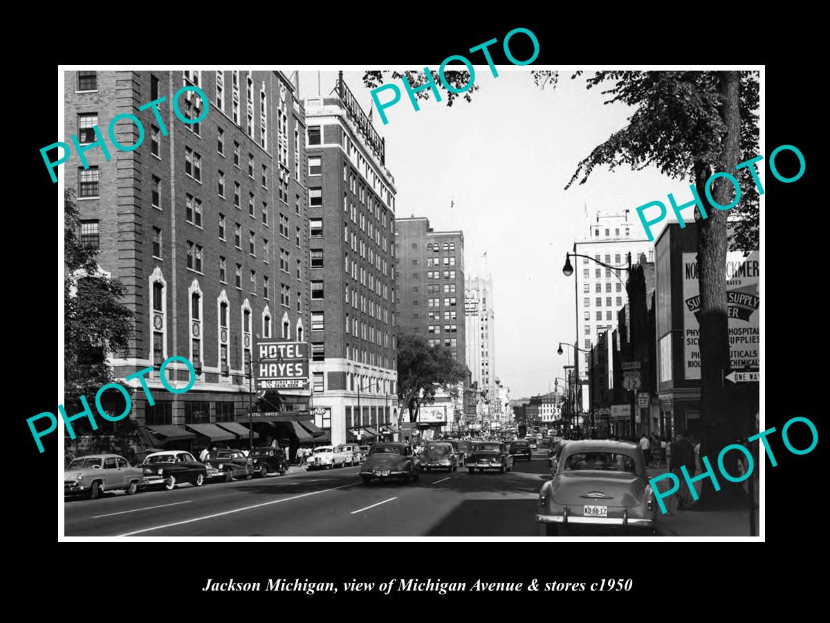 OLD LARGE HISTORIC PHOTO OF JACKSON MICHIGAN, VIEW OF MICHIGAN Ave & STORES 1950