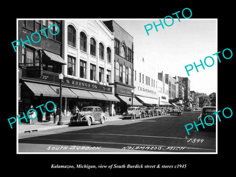 OLD LARGE HISTORIC PHOTO OF KALAMAZOO MICHIGAN, SOUTH BURDICK St & STORES c1945