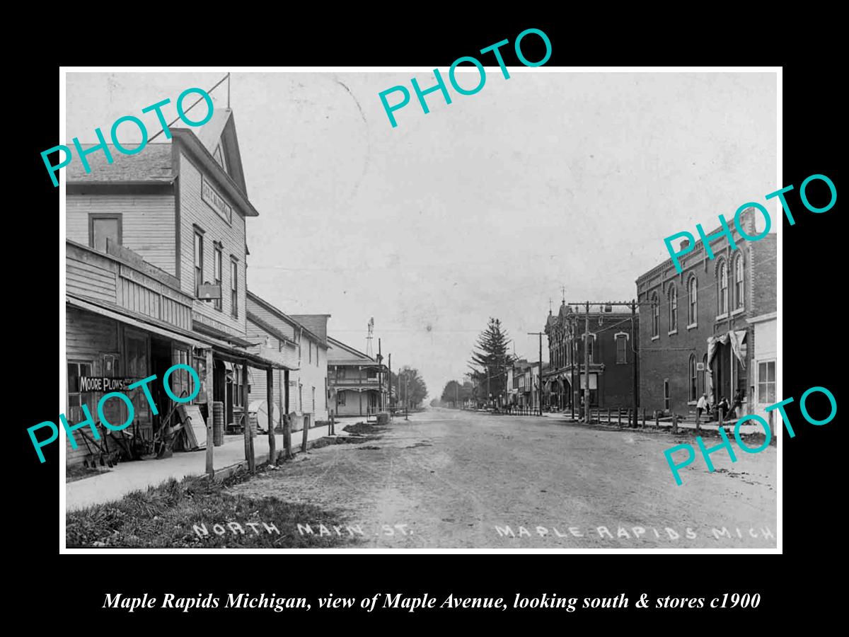 OLD LARGE HISTORIC PHOTO OF MAPLE RAPIDS MICHIGAN, THE MAPLE Ave & STORES c1900