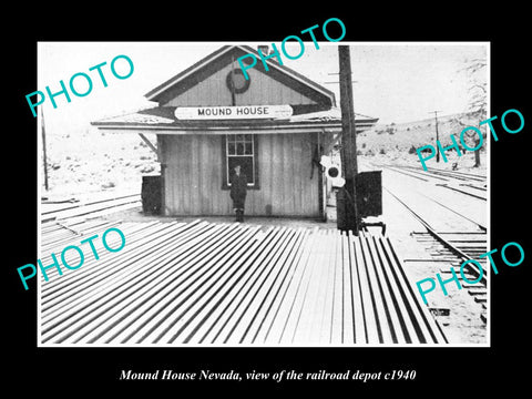 OLD LARGE HISTORIC PHOTO OF MOUND HOUSE NEVADA, VIEW OF THE RAILROAD DEPOT c1940