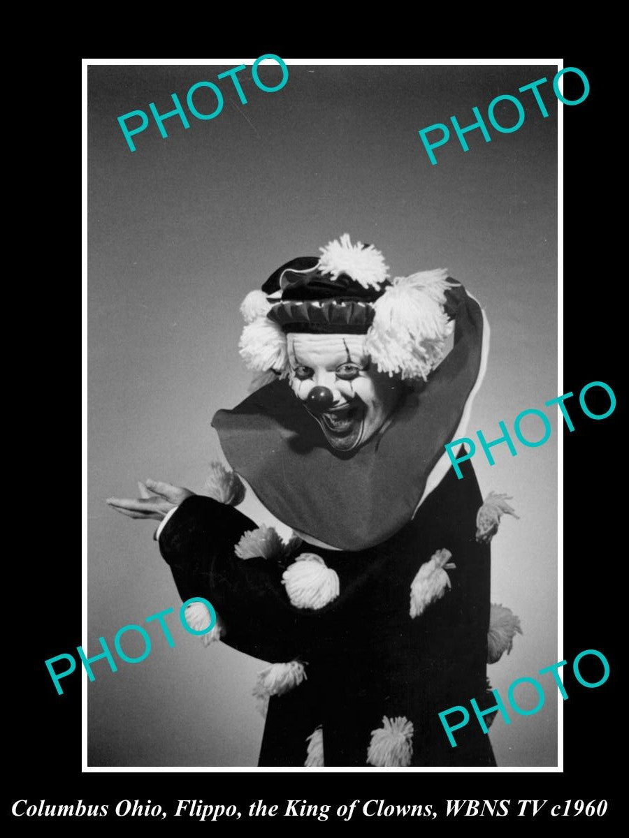 OLD LARGE HISTORIC PHOTO COLUMBUA OHIO, FLIPPO, THE KING OF CLOWNS WBNS TV c1960