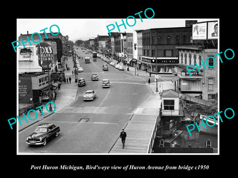 OLD LARGE HISTORIC PHOTO OF PORT HURON MICHIGAN, THE MAIN St & STORES c1950